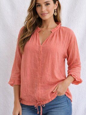 Papa Vancouver Coral Boho Peasant Blouse | Lightweight Viscose | M NWT